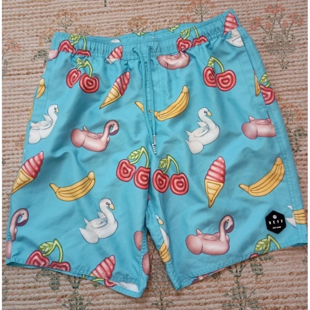 NEFF Pool Party Swim Trunks Large Flamingo Swan Cherry Banana Print